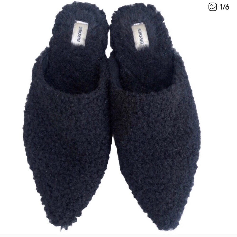 Birdies The Lark Faux Shearling Black Mule Slides. Size 6.5.